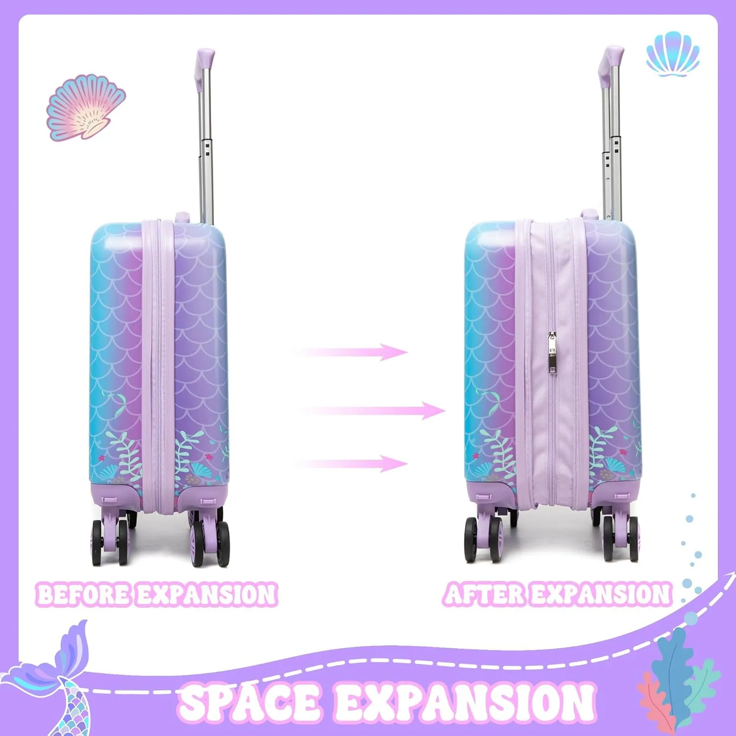 3-Piece Luggage Set: 16'' Hardside Spinner Wheels Kids Carry On Suitcase, Duffle Bag, Neck Pillow & Free Luggage Tag - Pink, Mermaid Pattern