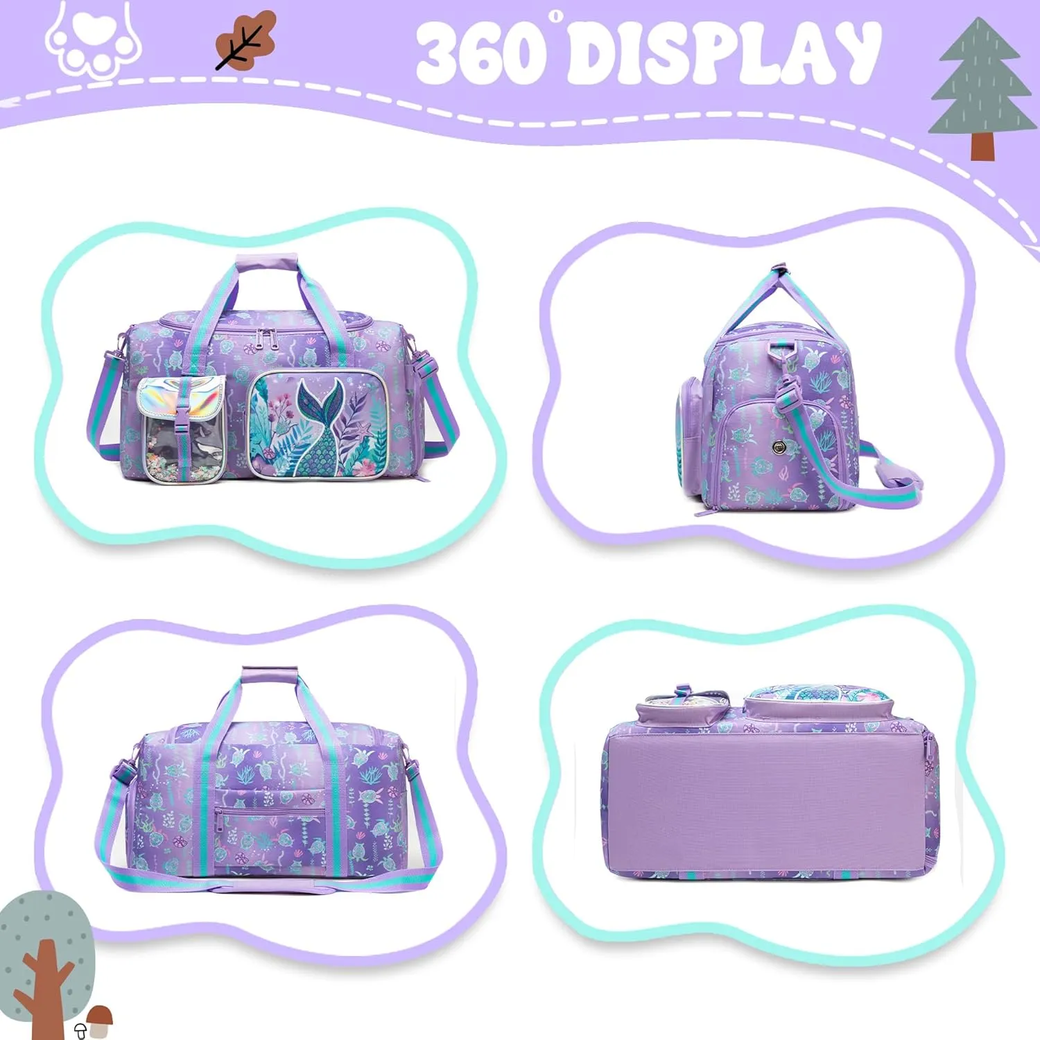 3-Piece Luggage Set: 16'' Hardside Spinner Wheels Kids Carry On Suitcase, Duffle Bag, Neck Pillow & Free Luggage Tag - Pink, Mermaid Pattern