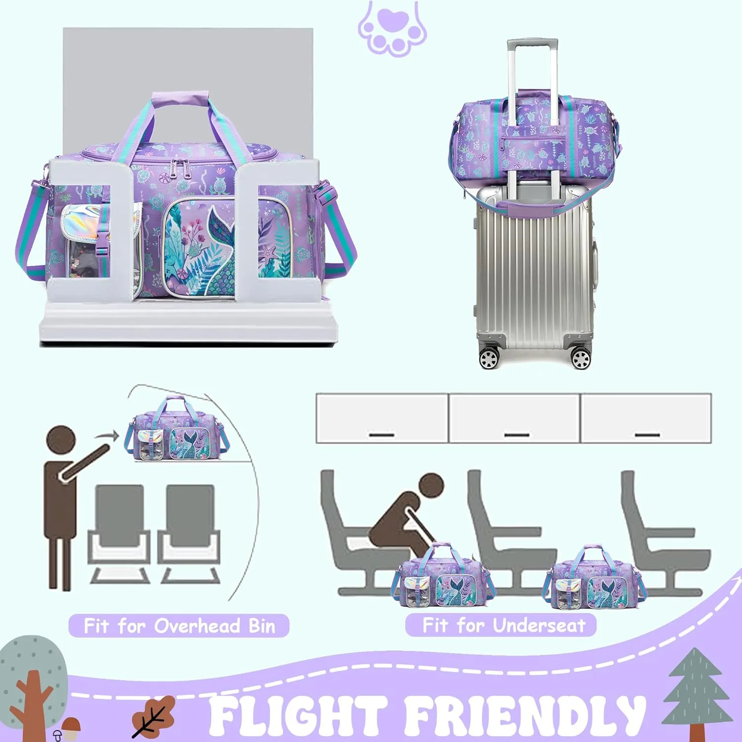 3-Piece Luggage Set: 16'' Hardside Spinner Wheels Kids Carry On Suitcase, Duffle Bag, Neck Pillow & Free Luggage Tag - Pink, Mermaid Pattern