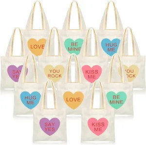 Abbylike 12 Pcs Valentine's Day Tote Bag Heart Print Canvas Tote Reusable Mini Bags for Women Girls Valentines Gift(Colorful)