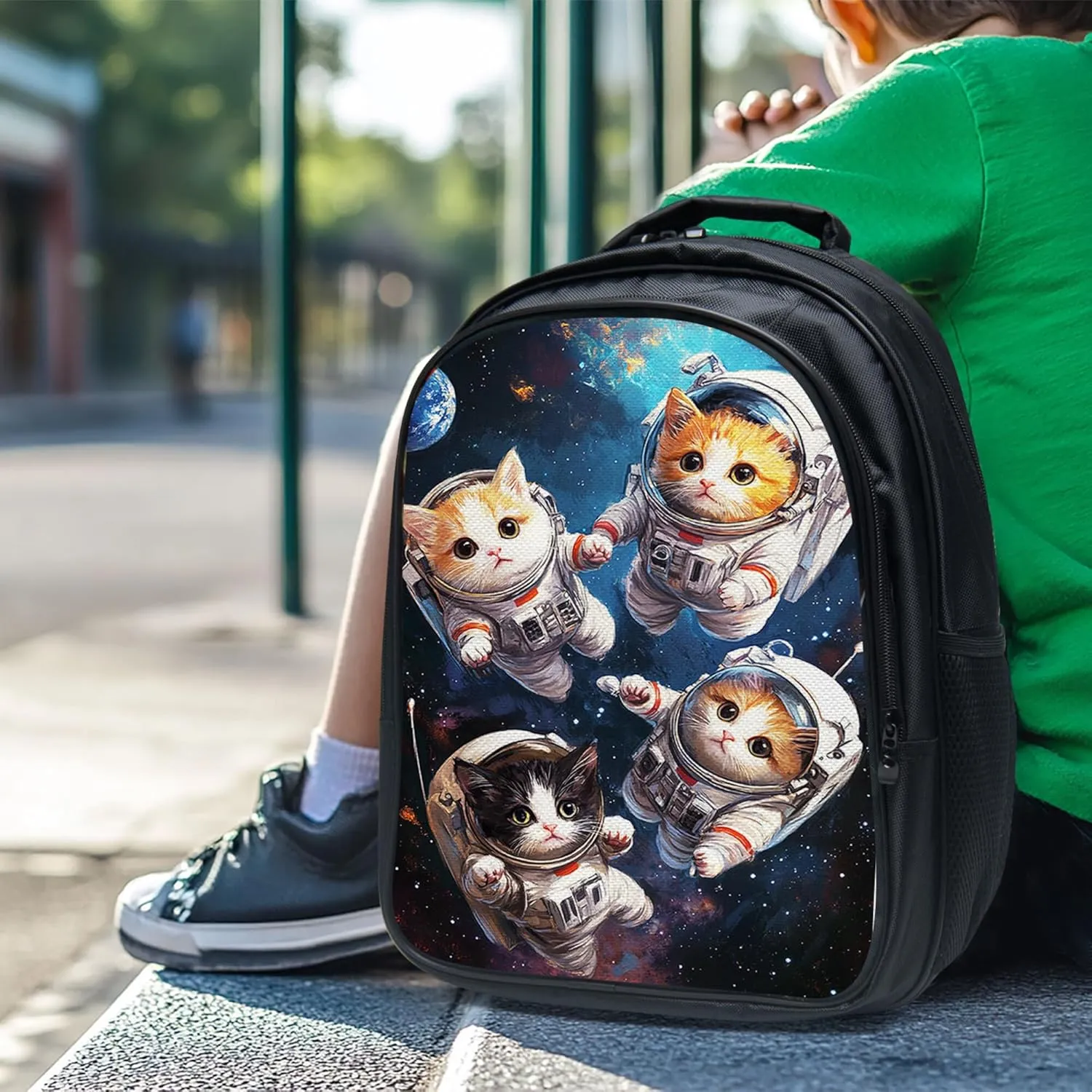 Astronaut Cats Backpack 3PCS Set for Boys Girls Kids, Space Galaxy School Bag with Lunch Box Pencil Case, Large Capacity for Elementary Middle School