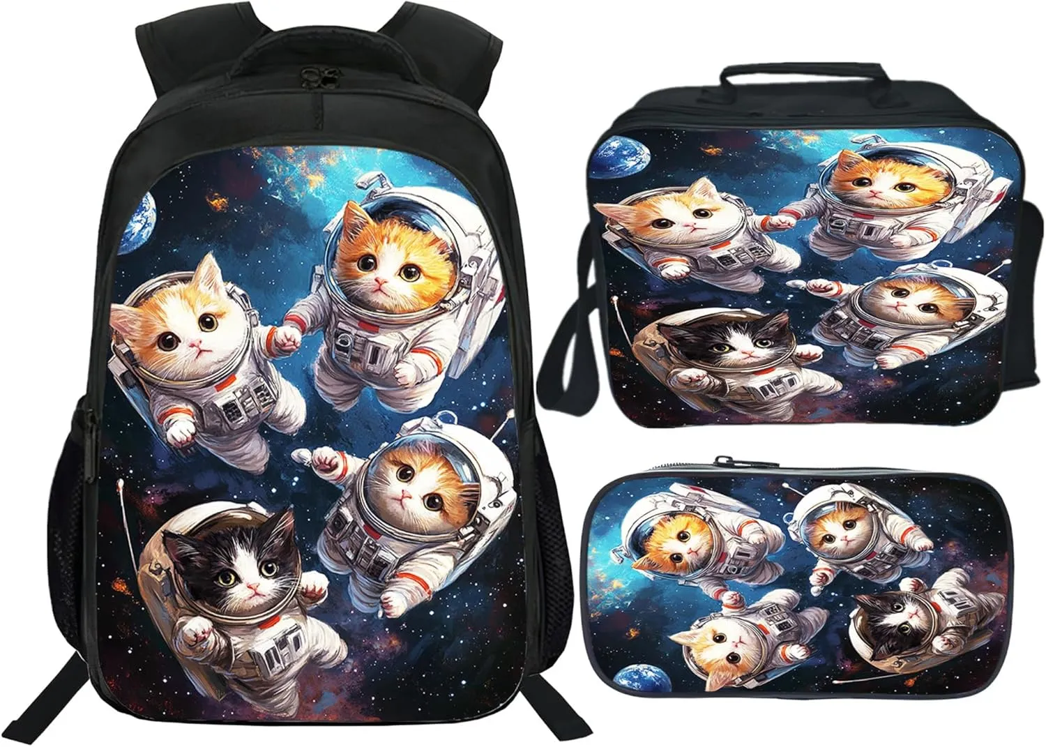 Astronaut Cats Backpack 3PCS Set for Boys Girls Kids, Space Galaxy School Bag with Lunch Box Pencil Case, Large Capacity for Elementary Middle School