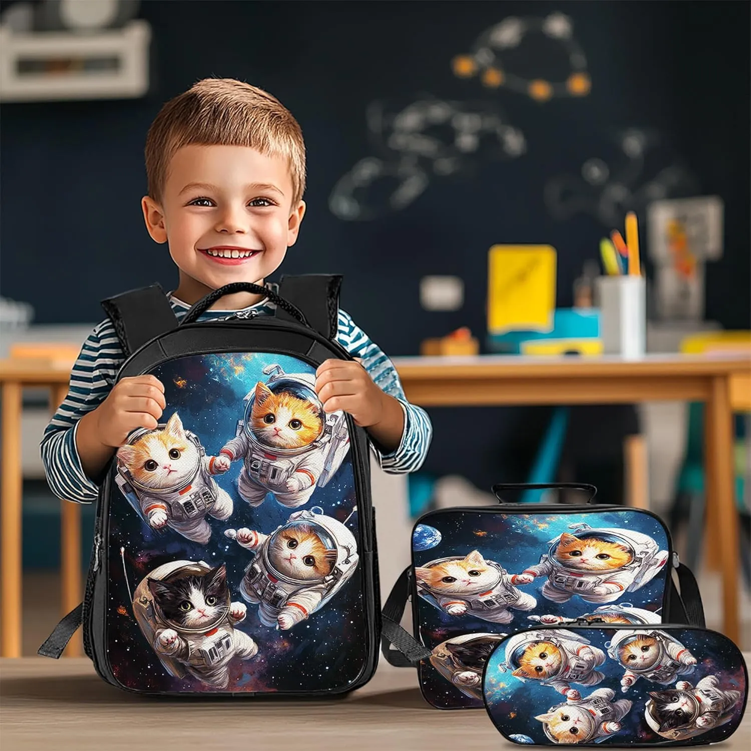 Astronaut Cats Backpack 3PCS Set for Boys Girls Kids, Space Galaxy School Bag with Lunch Box Pencil Case, Large Capacity for Elementary Middle School