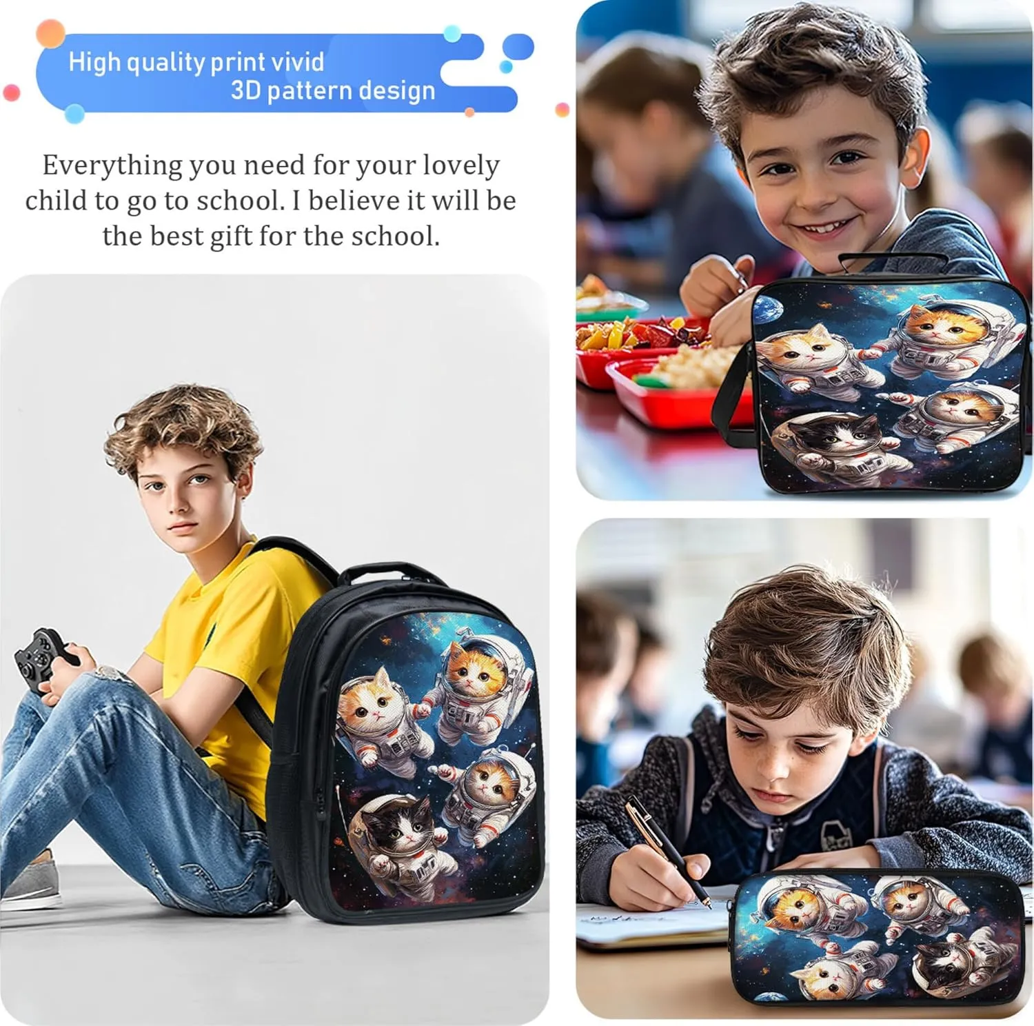 Astronaut Cats Backpack 3PCS Set for Boys Girls Kids, Space Galaxy School Bag with Lunch Box Pencil Case, Large Capacity for Elementary Middle School