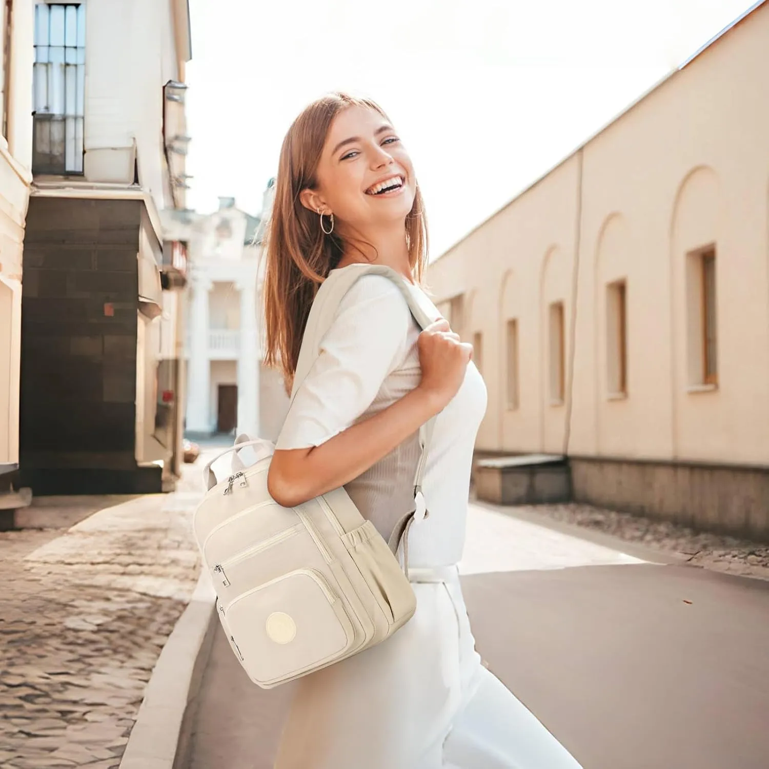 Backpack Purse for Women, Lightweight Small Backpack Mini Bookbag with Mini Wallet and Luggage Strap,Beige