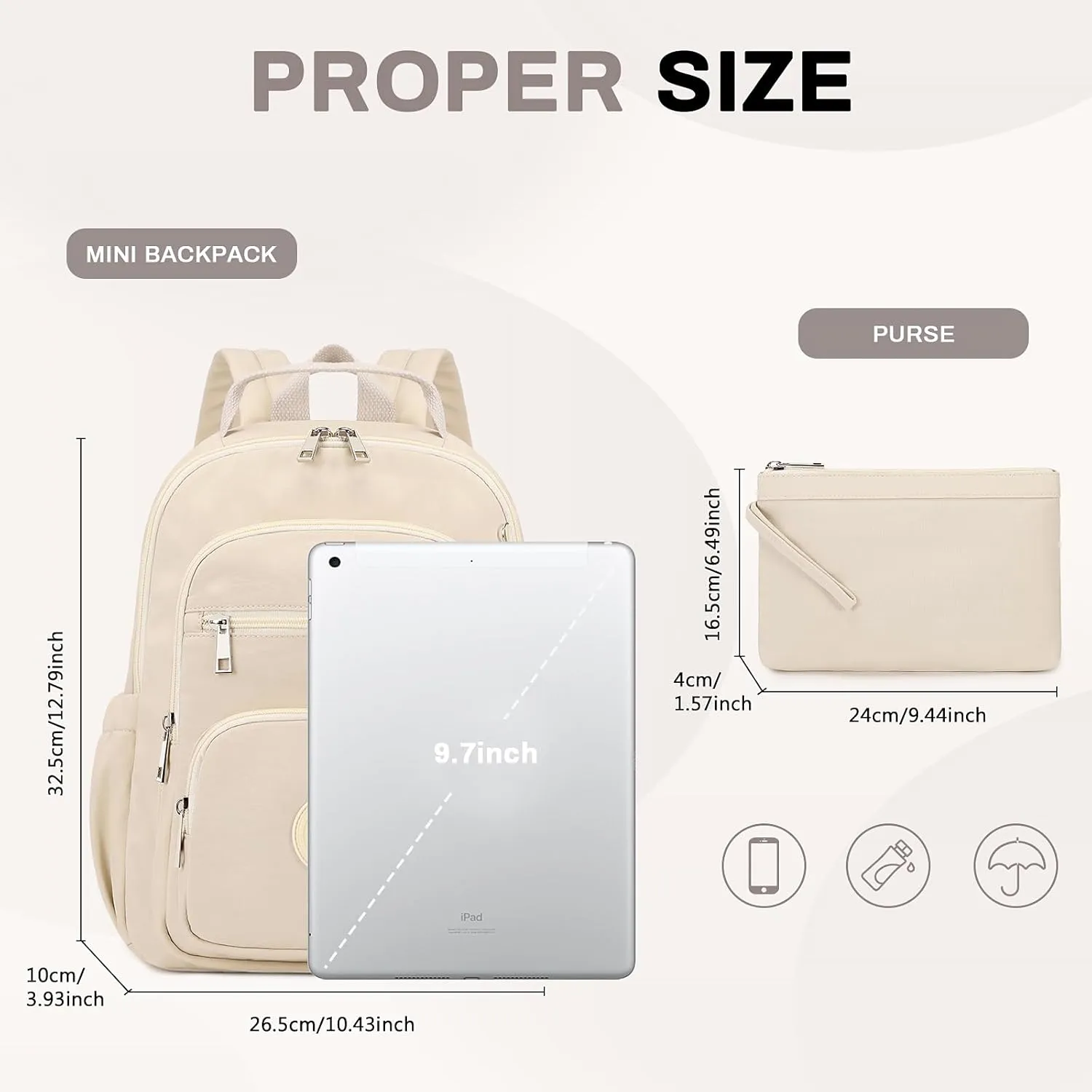 Backpack Purse for Women, Lightweight Small Backpack Mini Bookbag with Mini Wallet and Luggage Strap,Beige