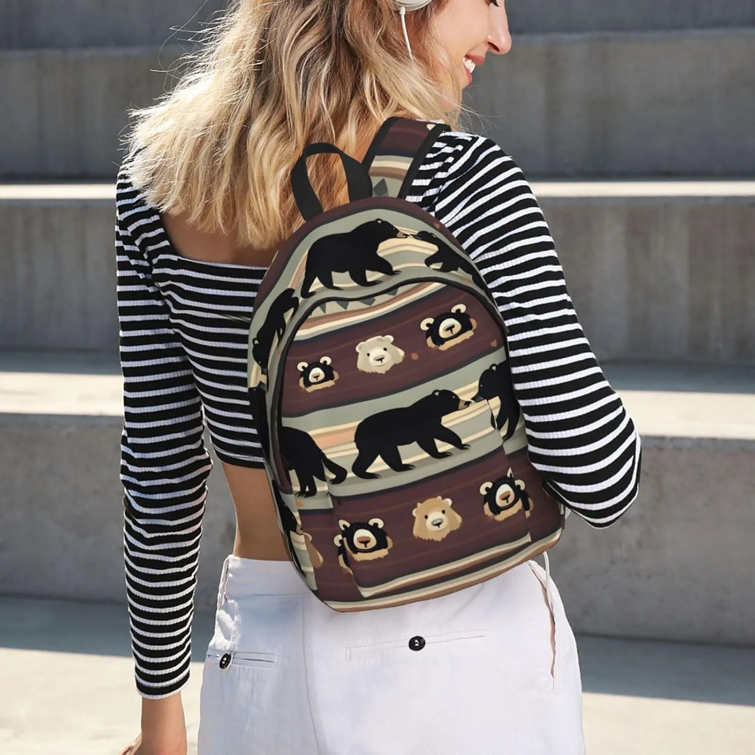 Bear Print Canvas Backpack Women,Mens Travel Casual Daypack Bookbag For Laptop Work Travel Hiking
