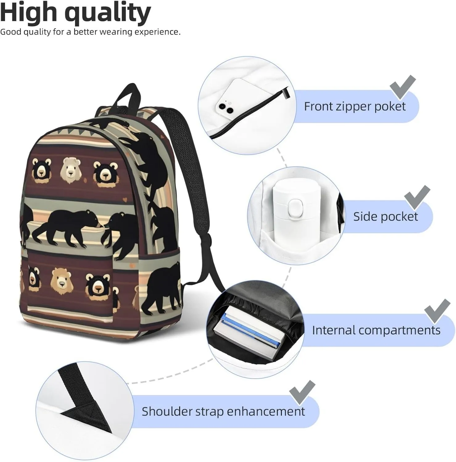 Bear Print Canvas Backpack Women,Mens Travel Casual Daypack Bookbag For Laptop Work Travel Hiking