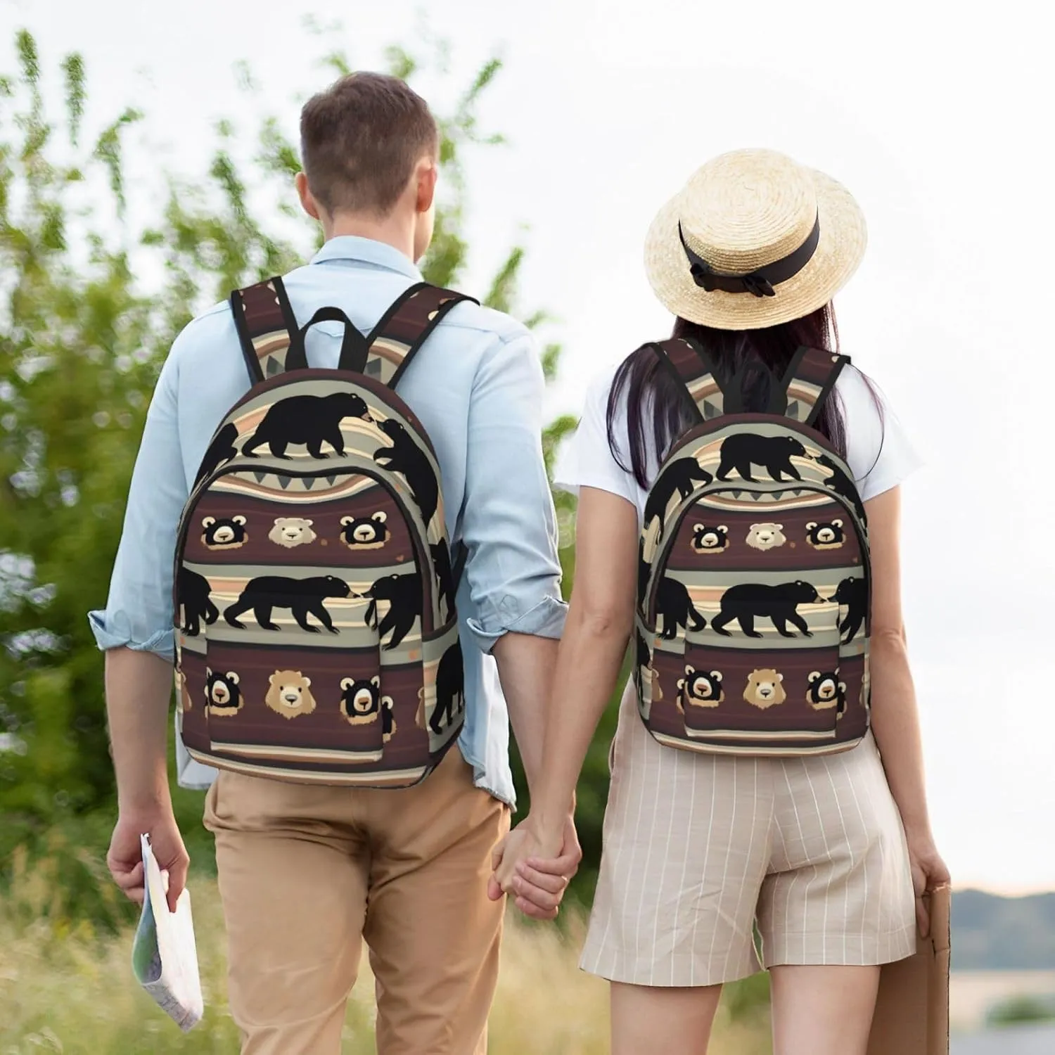 Bear Print Canvas Backpack Women,Mens Travel Casual Daypack Bookbag For Laptop Work Travel Hiking