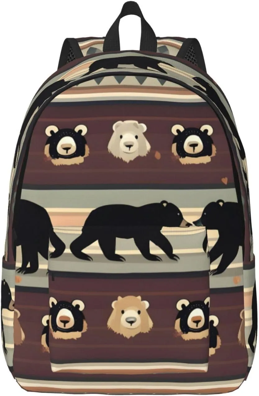Bear Print Canvas Backpack Women,Mens Travel Casual Daypack Bookbag For Laptop Work Travel Hiking