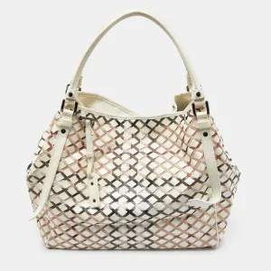 Beige House Check Canvas and Patent Leather Tote