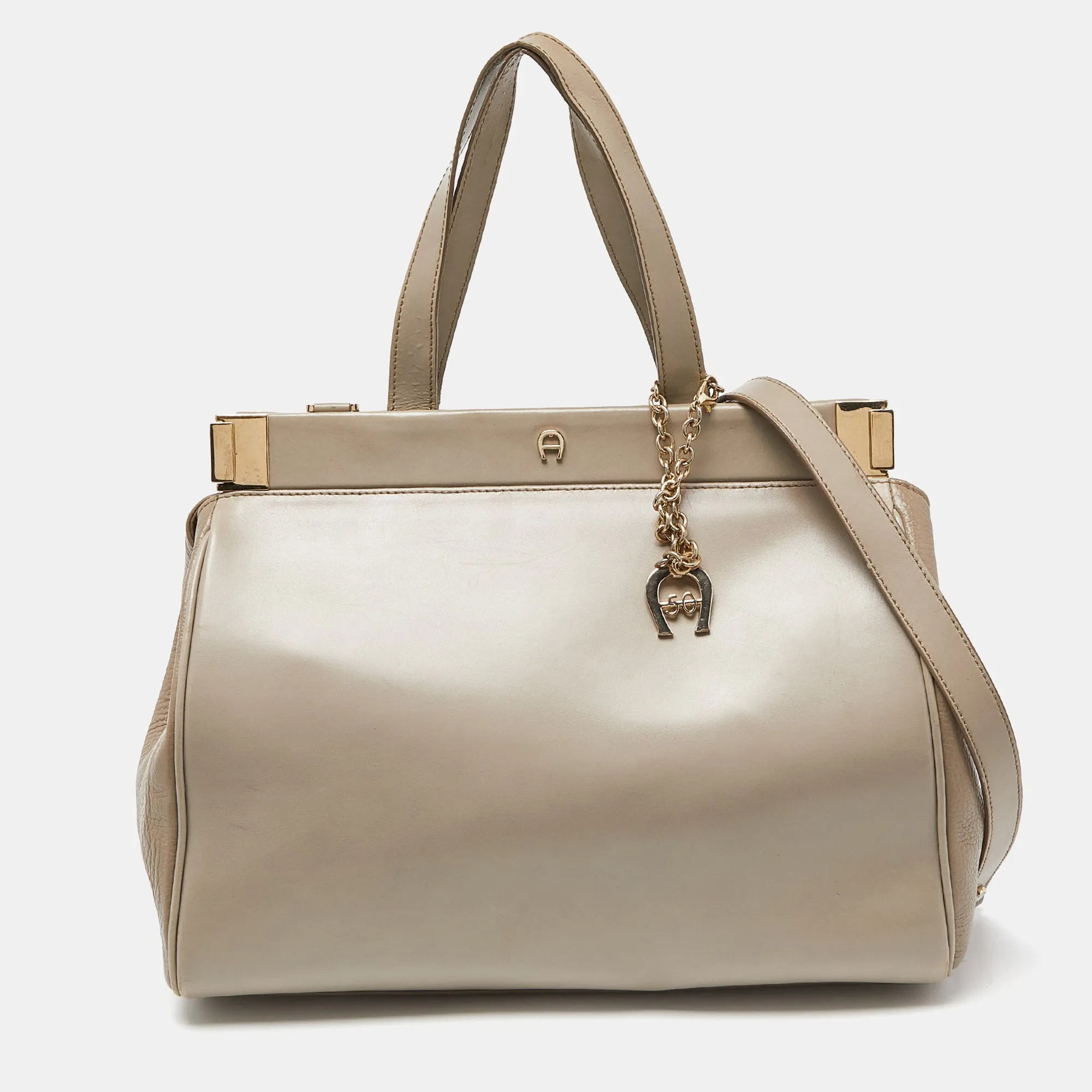 Beige Leather Frame Tote