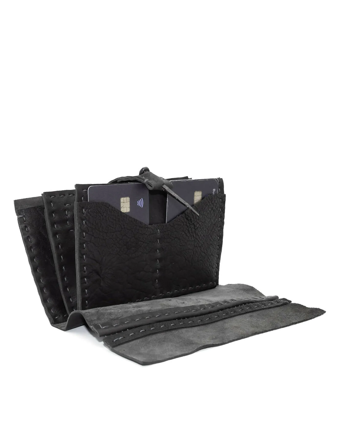 black open seam leather long wallet