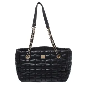 Black Square Quilted Leather Chain Tote
