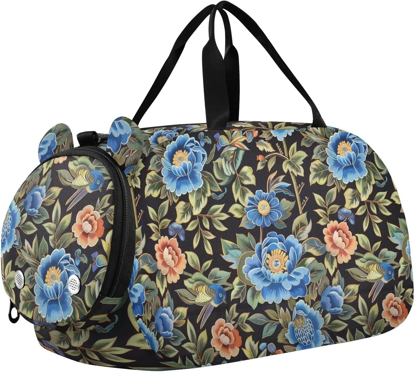 Blue and Peach Vintage Flowers Duffel Bag with Shoes Compartment Multifunctional Weekend Overnight Carry on Bag for Travel, Swimming, Dance, Ballet bulto de