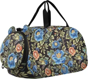 Blue and Peach Vintage Flowers Duffel Bag with Shoes Compartment Multifunctional Weekend Overnight Carry on Bag for Travel, Swimming, Dance, Ballet bulto de