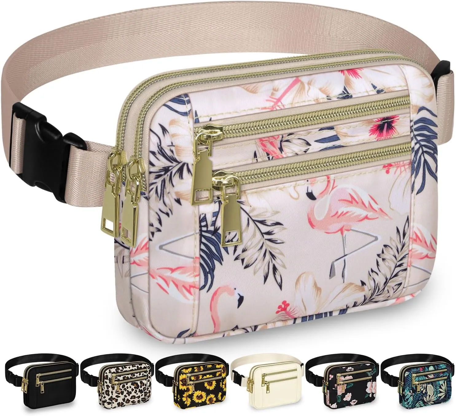 Capolo Fanny Packs for Women Fashion Waist Packs Bag with Adjustable Strap and 4 Zipper Pockets Waterproof Everywhere Crossbody Belt Bag for Workout Running Travelling(Flamingo)