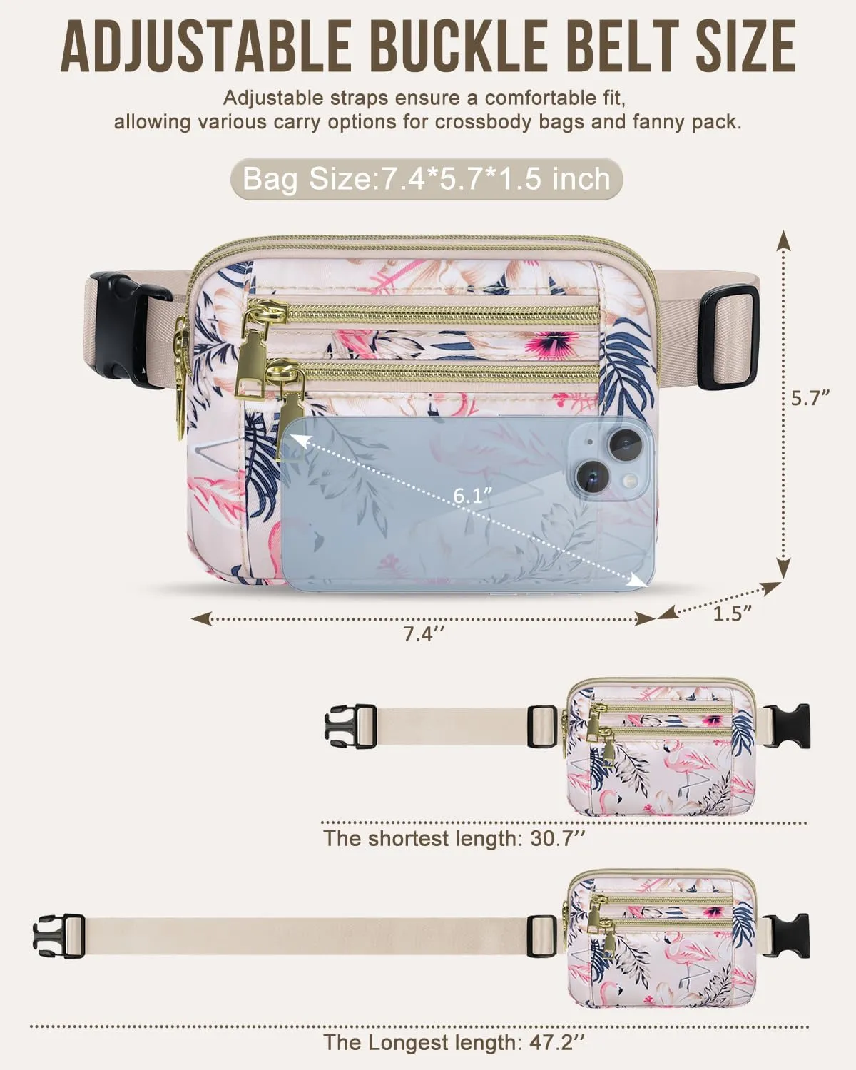 Capolo Fanny Packs for Women Fashion Waist Packs Bag with Adjustable Strap and 4 Zipper Pockets Waterproof Everywhere Crossbody Belt Bag for Workout Running Travelling(Flamingo)
