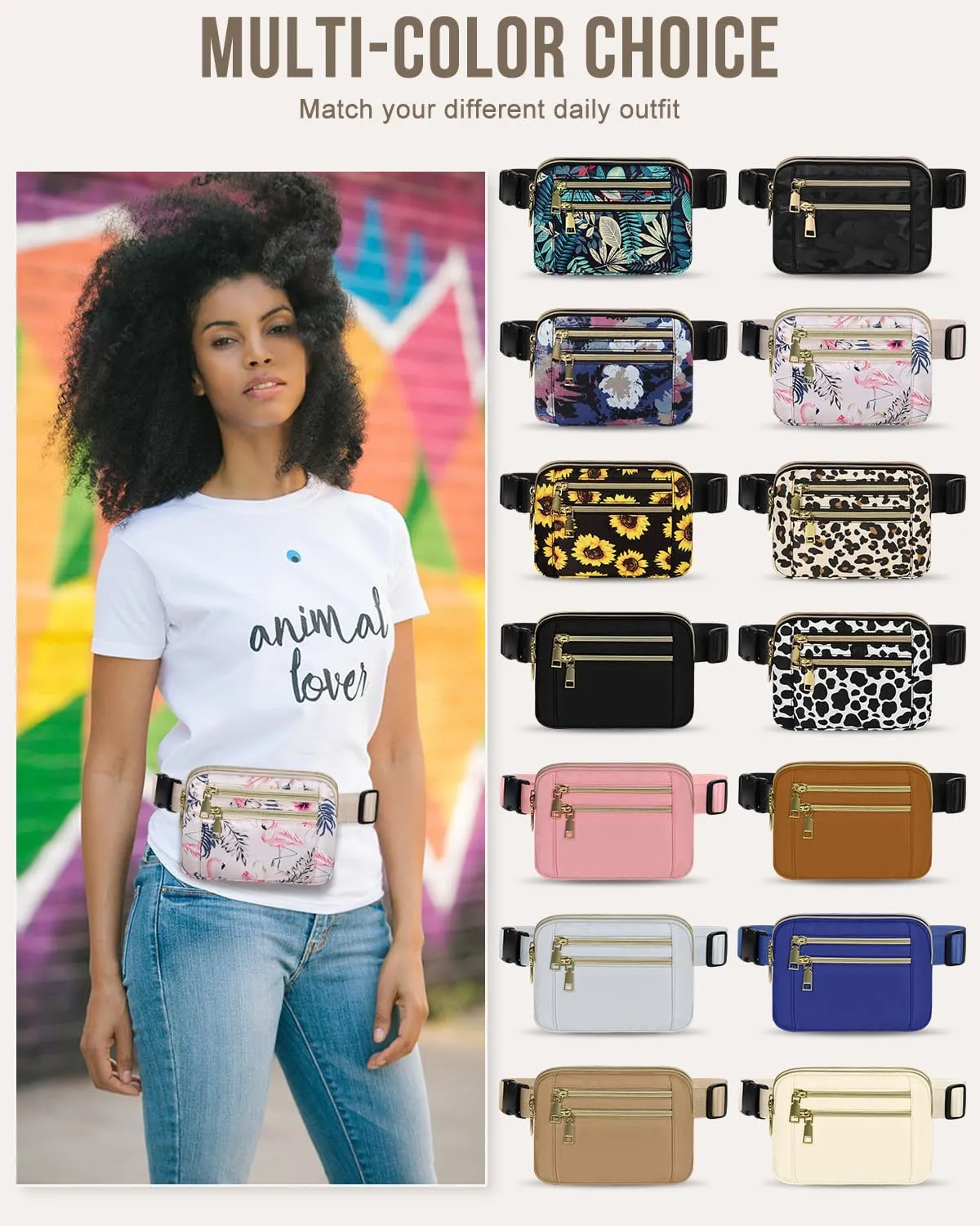 Capolo Fanny Packs for Women Fashion Waist Packs Bag with Adjustable Strap and 4 Zipper Pockets Waterproof Everywhere Crossbody Belt Bag for Workout Running Travelling(Flamingo)
