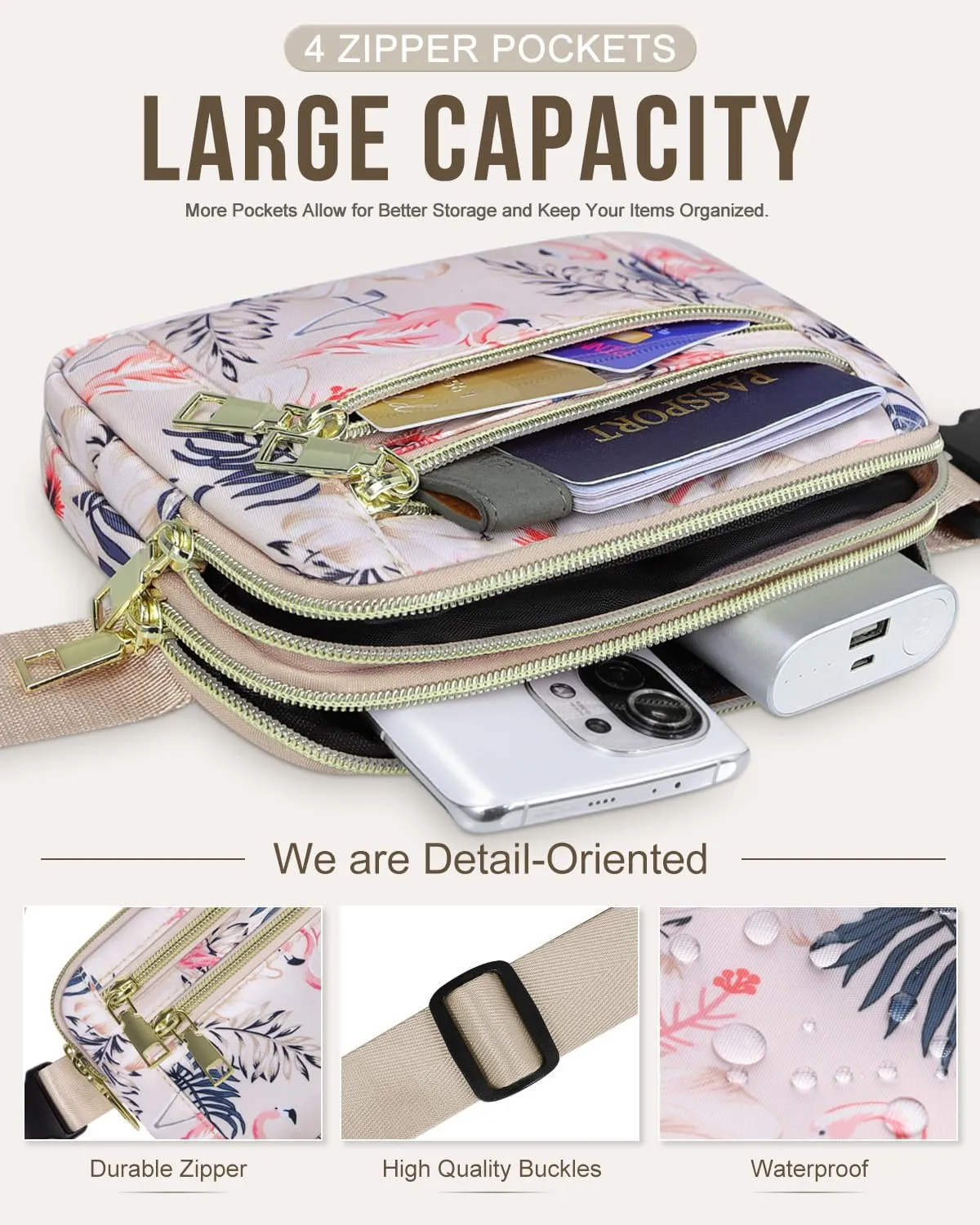 Capolo Fanny Packs for Women Fashion Waist Packs Bag with Adjustable Strap and 4 Zipper Pockets Waterproof Everywhere Crossbody Belt Bag for Workout Running Travelling(Flamingo)