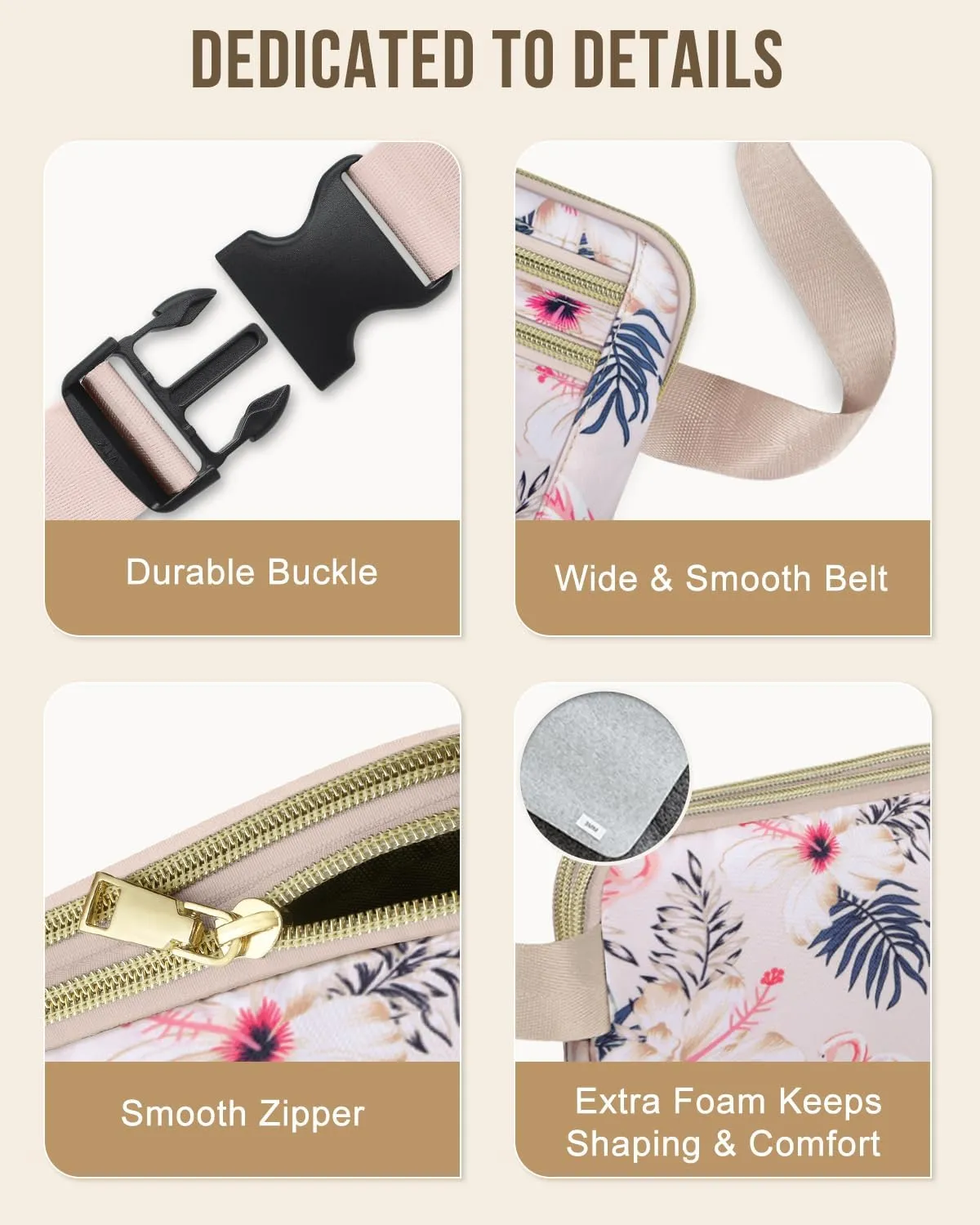 Capolo Fanny Packs for Women Fashion Waist Packs Bag with Adjustable Strap and 4 Zipper Pockets Waterproof Everywhere Crossbody Belt Bag for Workout Running Travelling(Flamingo)