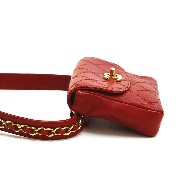 Chanel Belt Bag Bum Bag Lambskin Leather Red Vintage