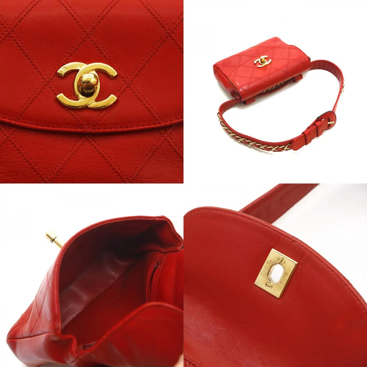 Chanel Belt Bag Bum Bag Lambskin Leather Red Vintage