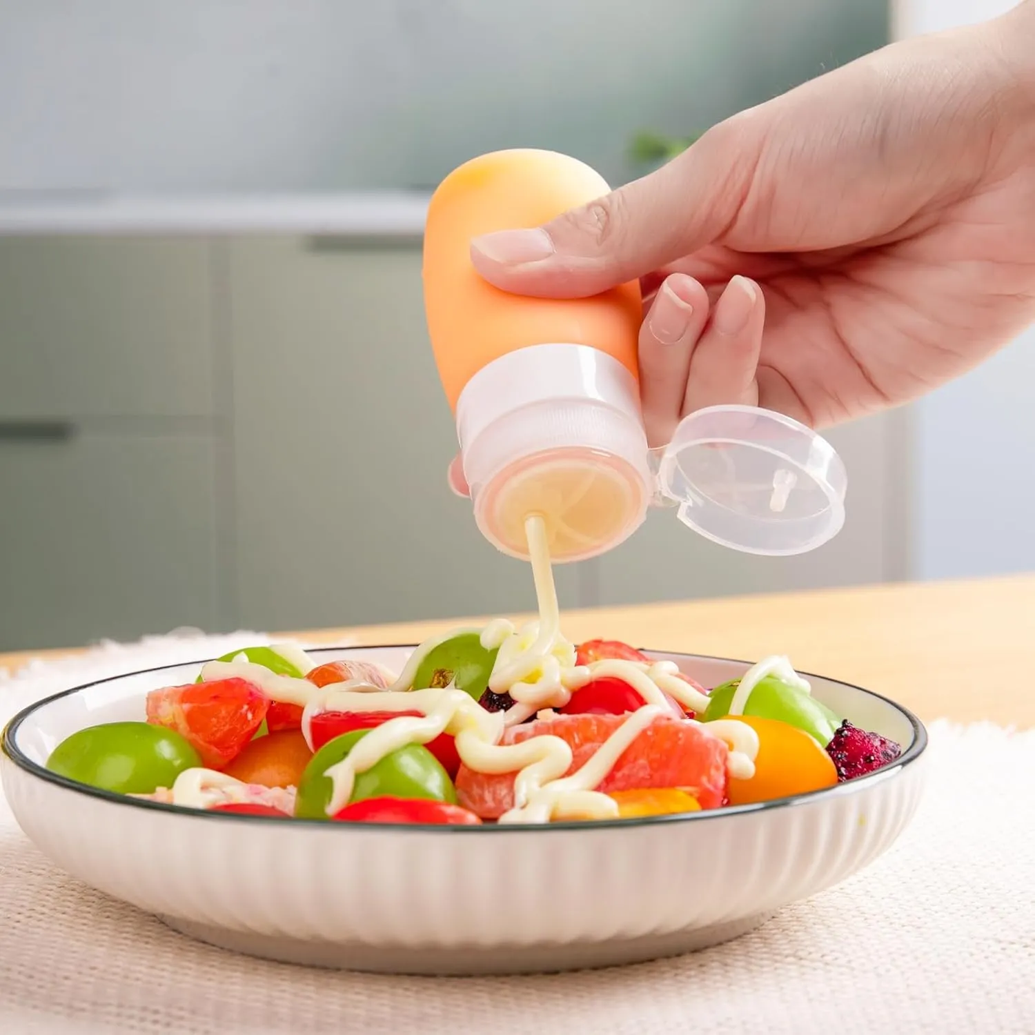 Condiment Squeeze Bottles for Sauces, 2-oz Mini Silicone Salad Dressing Container to Go with Reusable Sandwich Bag, Leakproof Ketchup Bottle for Bento Lunch Box, 4 Pack, Candies
