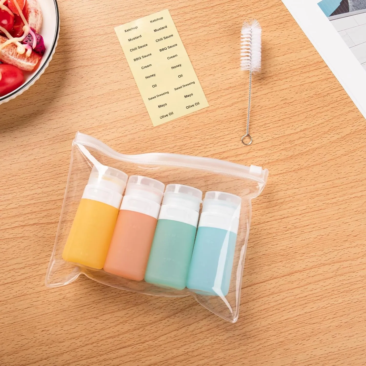 Condiment Squeeze Bottles for Sauces, 2-oz Mini Silicone Salad Dressing Container to Go with Reusable Sandwich Bag, Leakproof Ketchup Bottle for Bento Lunch Box, 4 Pack, Candies