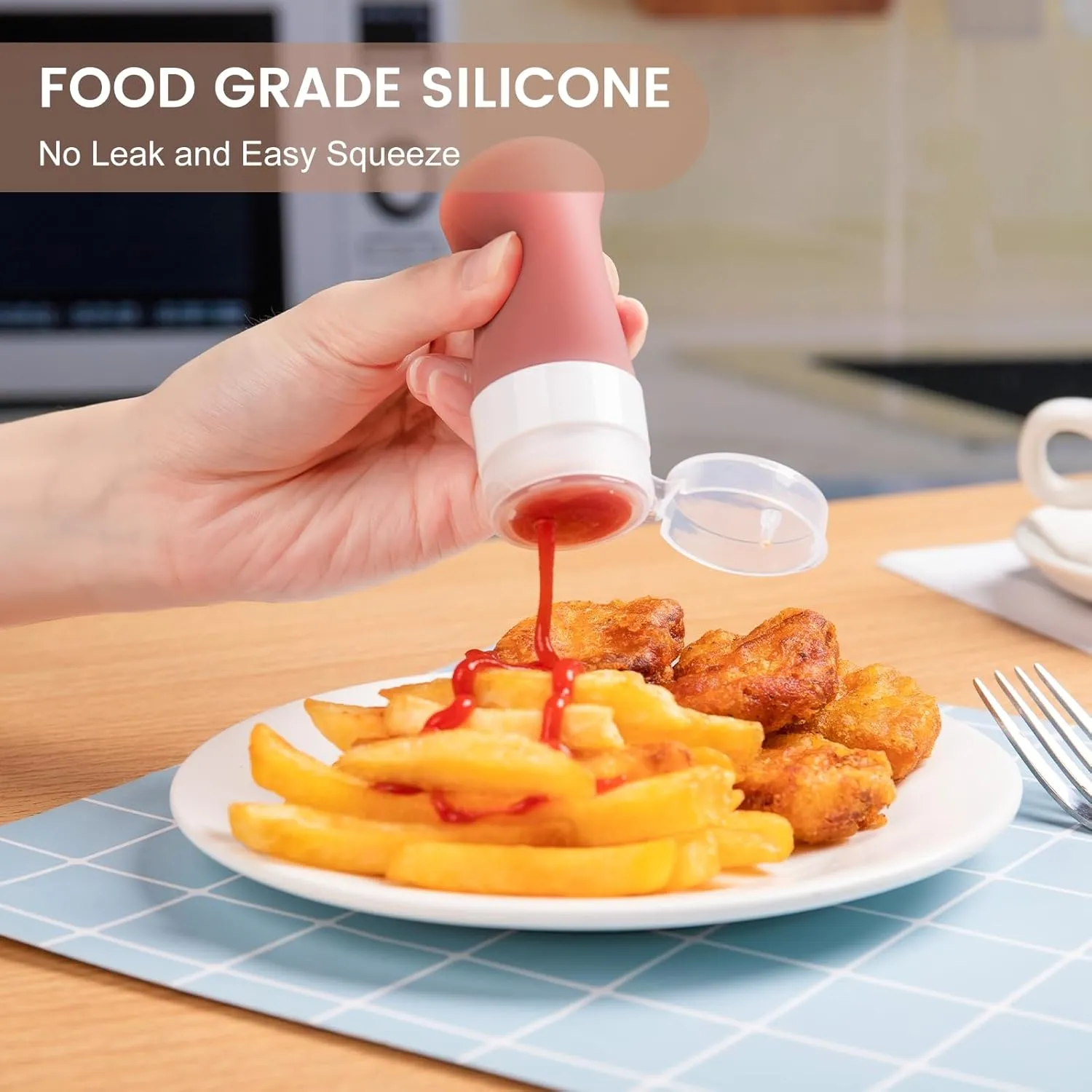 Condiment Squeeze Bottles for Sauces, 2-oz Mini Silicone Salad Dressing Container to Go with Reusable Sandwich Bag, Leakproof Sauce Bottle for Lunch Box, 4 Pack, Apricot