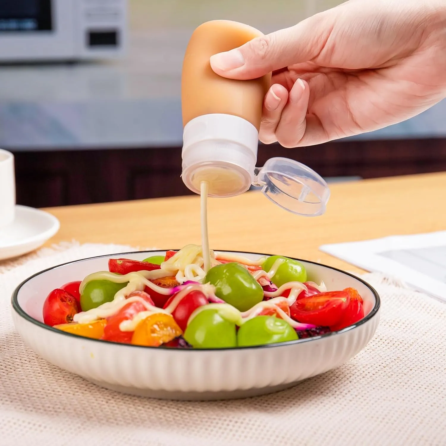 Condiment Squeeze Bottles for Sauces, 2-oz Mini Silicone Salad Dressing Container to Go with Reusable Sandwich Bag, Leakproof Sauce Bottle for Lunch Box, 4 Pack, Apricot