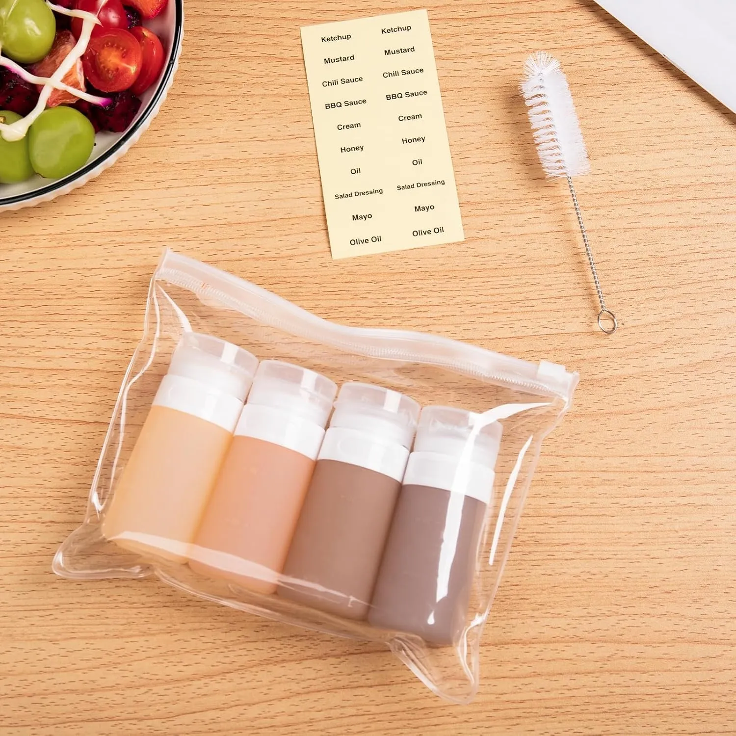 Condiment Squeeze Bottles for Sauces, 2-oz Mini Silicone Salad Dressing Container to Go with Reusable Sandwich Bag, Leakproof Sauce Bottle for Lunch Box, 4 Pack, Apricot