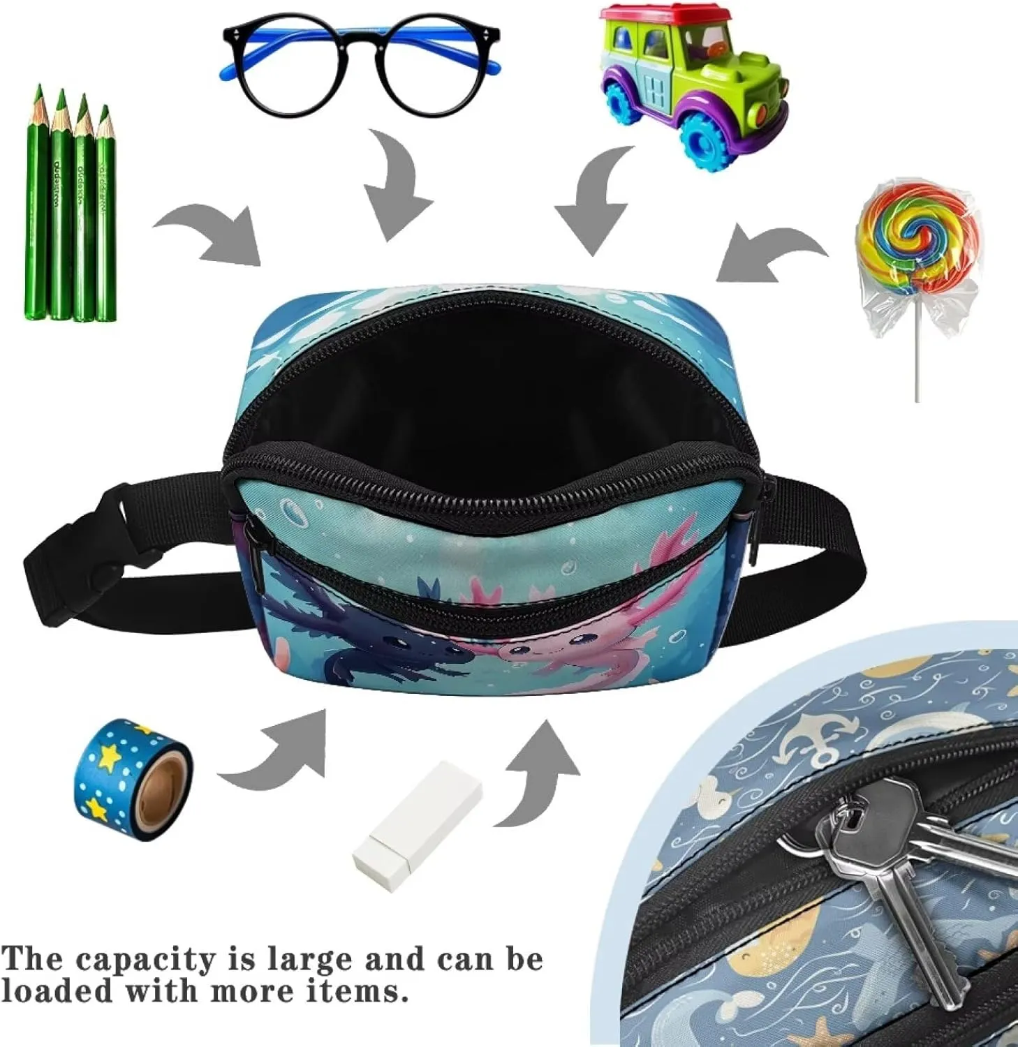 Cozeyat Couple Axolotl Fanny Pack for Girls 6-8 8-10 10-12 Kids Lightweight Canvas Waist Pack Crossbody Bag Sports Running Belt Bag
