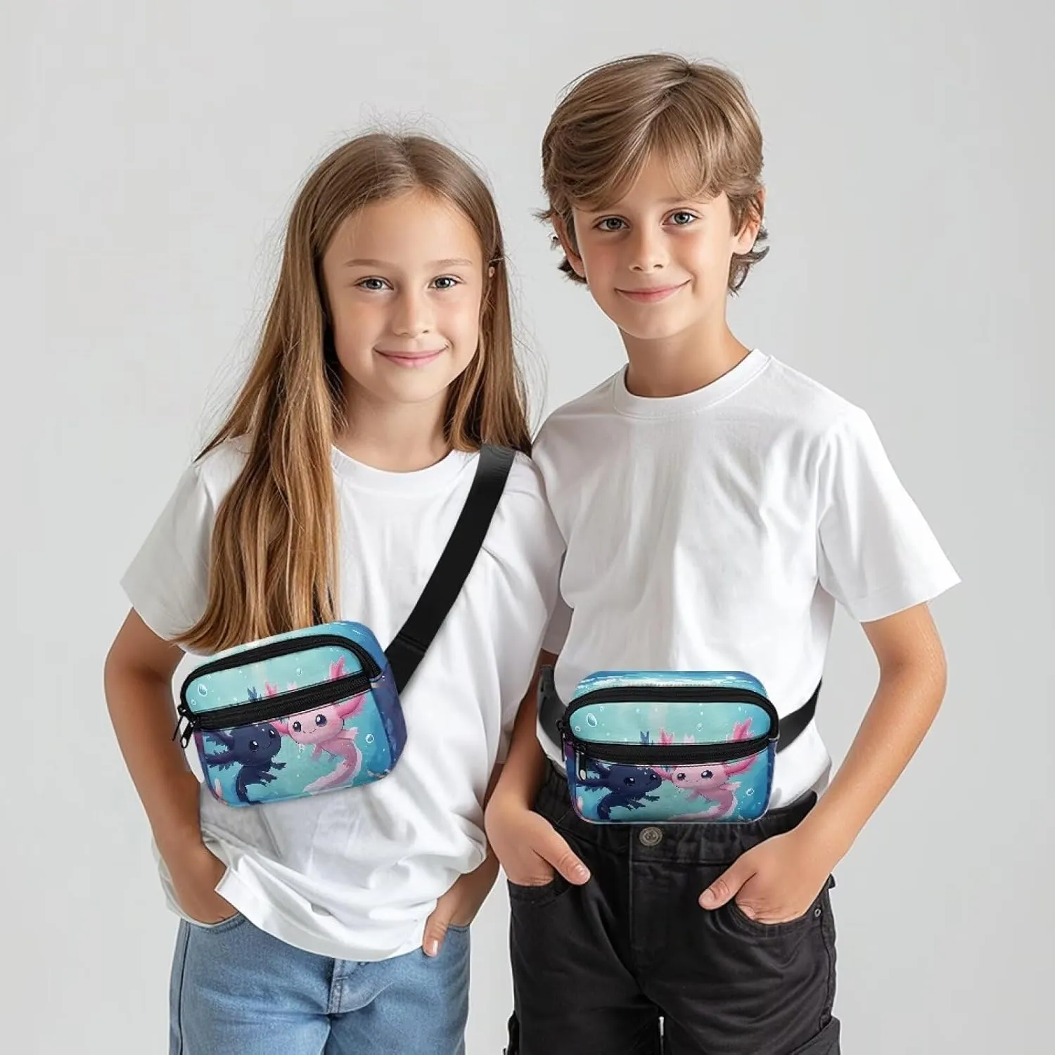 Cozeyat Couple Axolotl Fanny Pack for Girls 6-8 8-10 10-12 Kids Lightweight Canvas Waist Pack Crossbody Bag Sports Running Belt Bag
