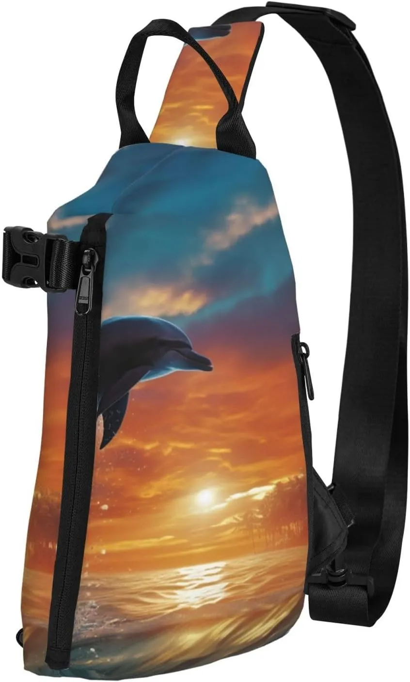 Crossbody Sling Backpack Dolphins and Palm Trees Sling Bag for Women Men Chest Bag Fashion Waist Bag Adjustable Fanny Pack
