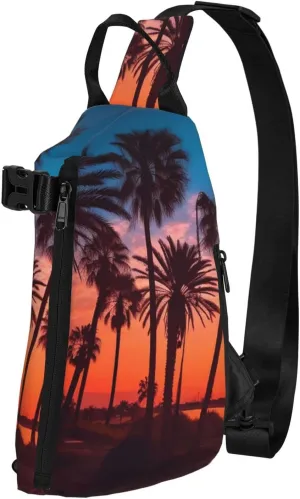 Crossbody Sling Backpack Palm Tree Sunset Sling Bag for Women Men Chest Bag Fashion Waist Bag Adjustable Fanny Pack