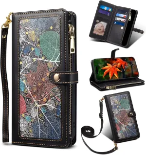 Crossbody Wallet Case for Apple iPhone 11 Pro Leather Phone Case with Card Holder Kickstand & Wrist Strap Cover Magnetic Closure Flip Handbag Zipper Purse Maple Leaf Shell(Black)