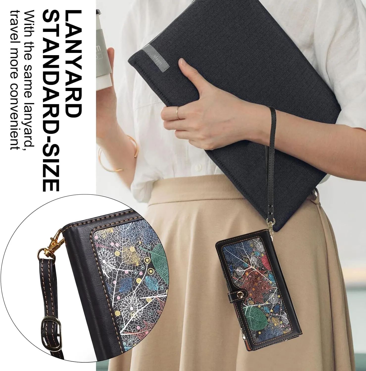 Crossbody Wallet Case for Apple iPhone 11 Pro Leather Phone Case with Card Holder Kickstand & Wrist Strap Cover Magnetic Closure Flip Handbag Zipper Purse Maple Leaf Shell(Black)