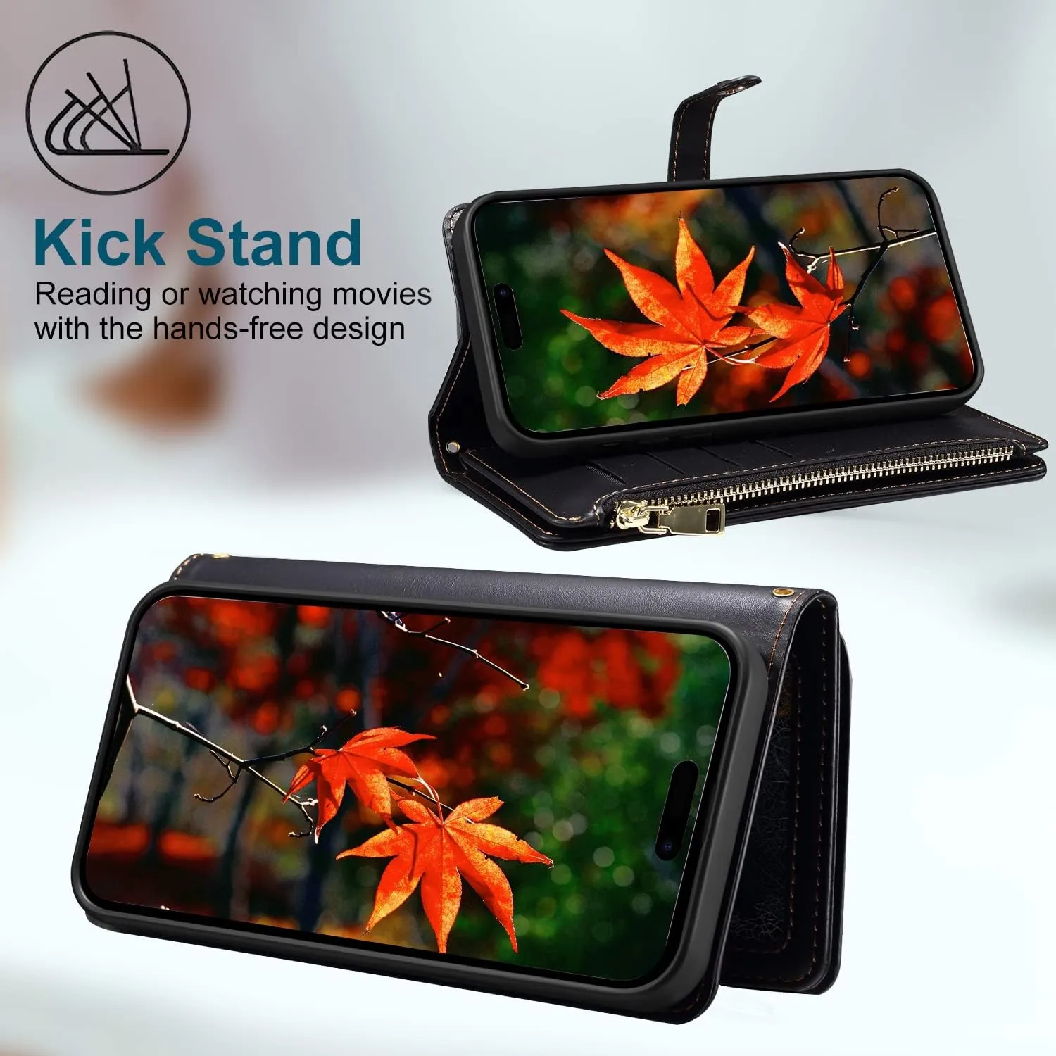 Crossbody Wallet Case for Apple iPhone 11 Pro Leather Phone Case with Card Holder Kickstand & Wrist Strap Cover Magnetic Closure Flip Handbag Zipper Purse Maple Leaf Shell(Black)