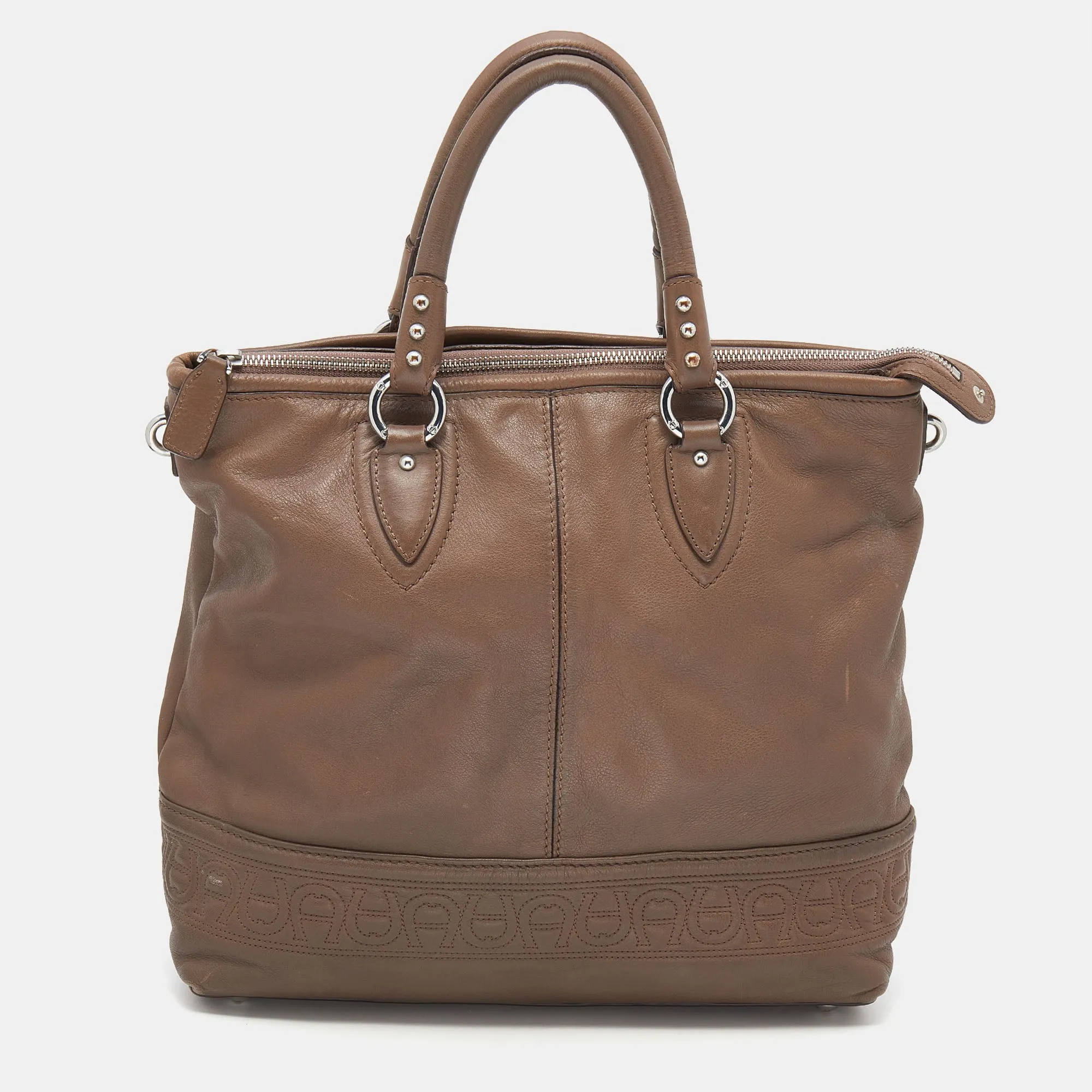 Dark Taupe Leather Zip Tote