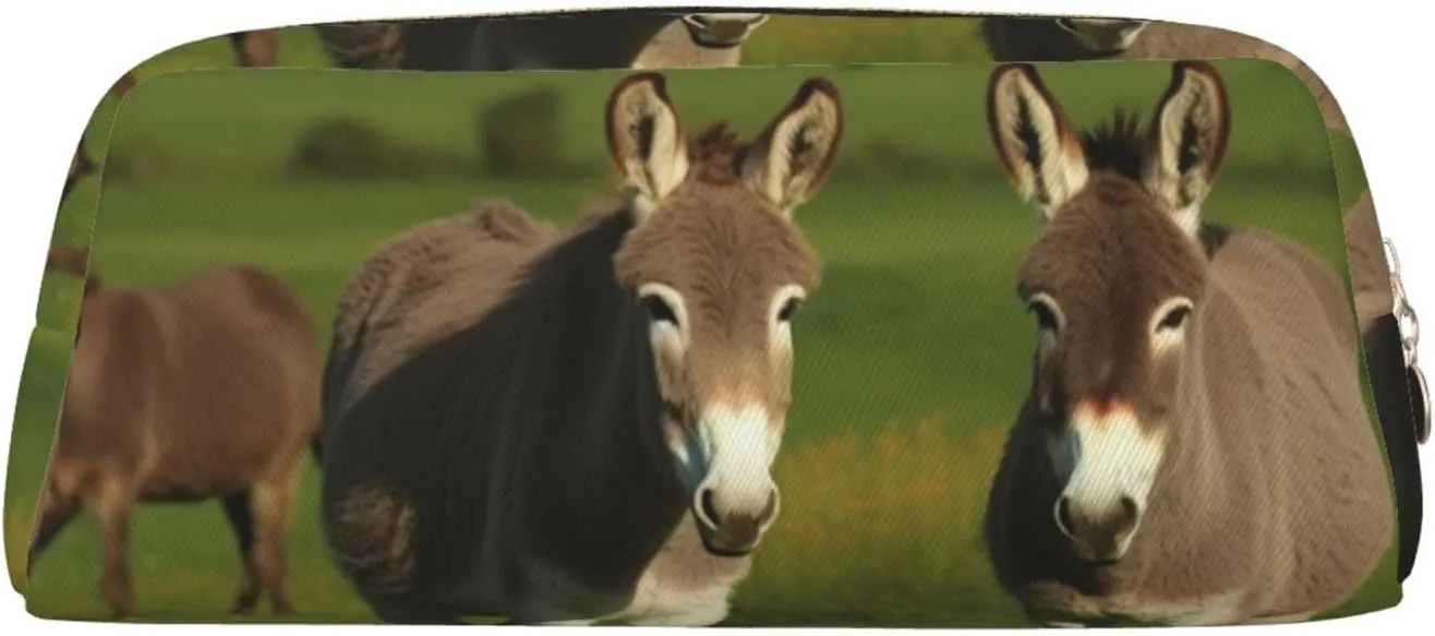 Donkey on green meadow Pencil Case Large Capacity Pencil Pouch Aesthetic Pen Bag Leather Makeup Bag for Women Men Travel Toiletry Bags Zipper Cosmetic Bag Wide-open Coin Pouch Purse