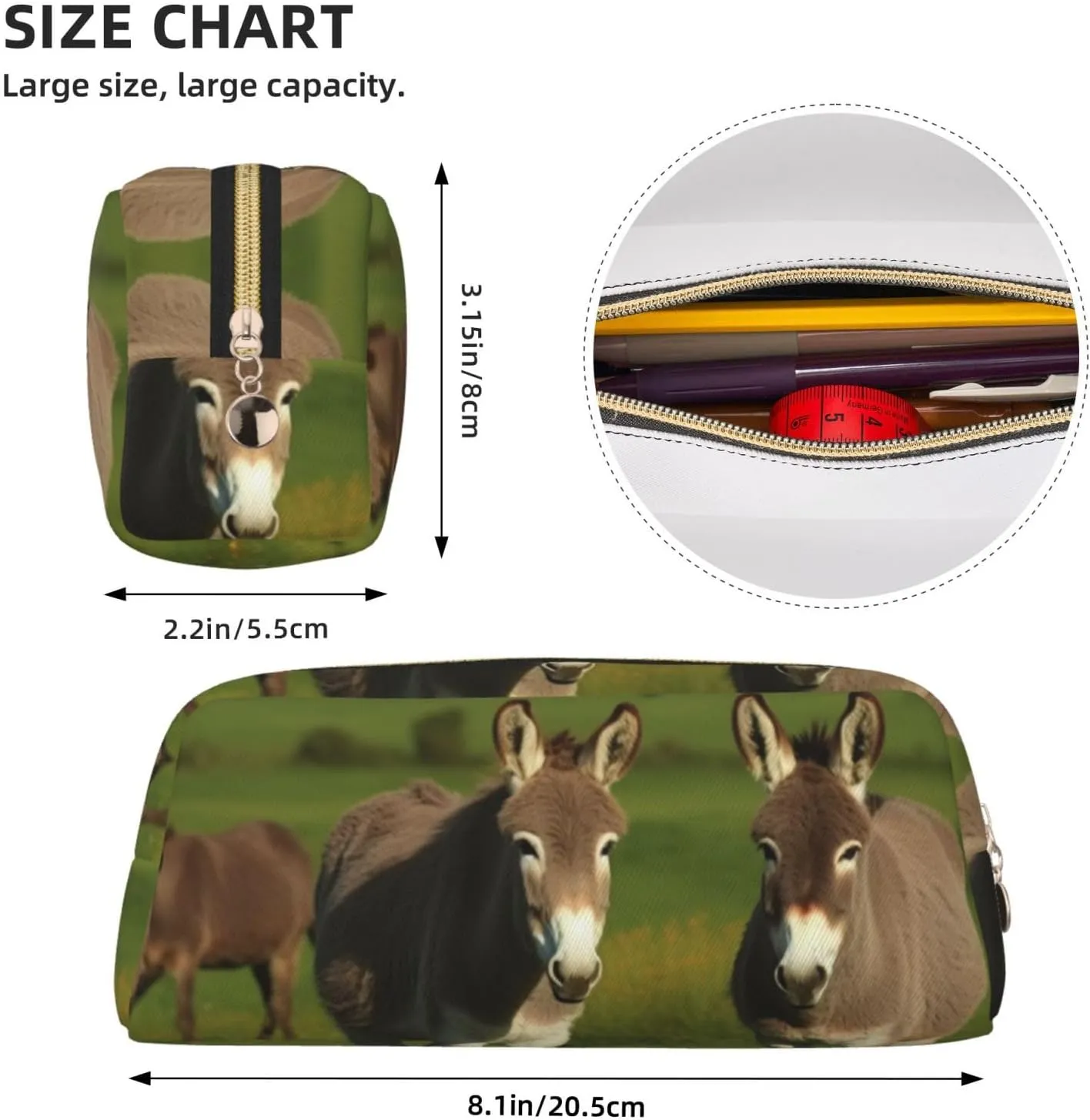 Donkey on green meadow Pencil Case Large Capacity Pencil Pouch Aesthetic Pen Bag Leather Makeup Bag for Women Men Travel Toiletry Bags Zipper Cosmetic Bag Wide-open Coin Pouch Purse