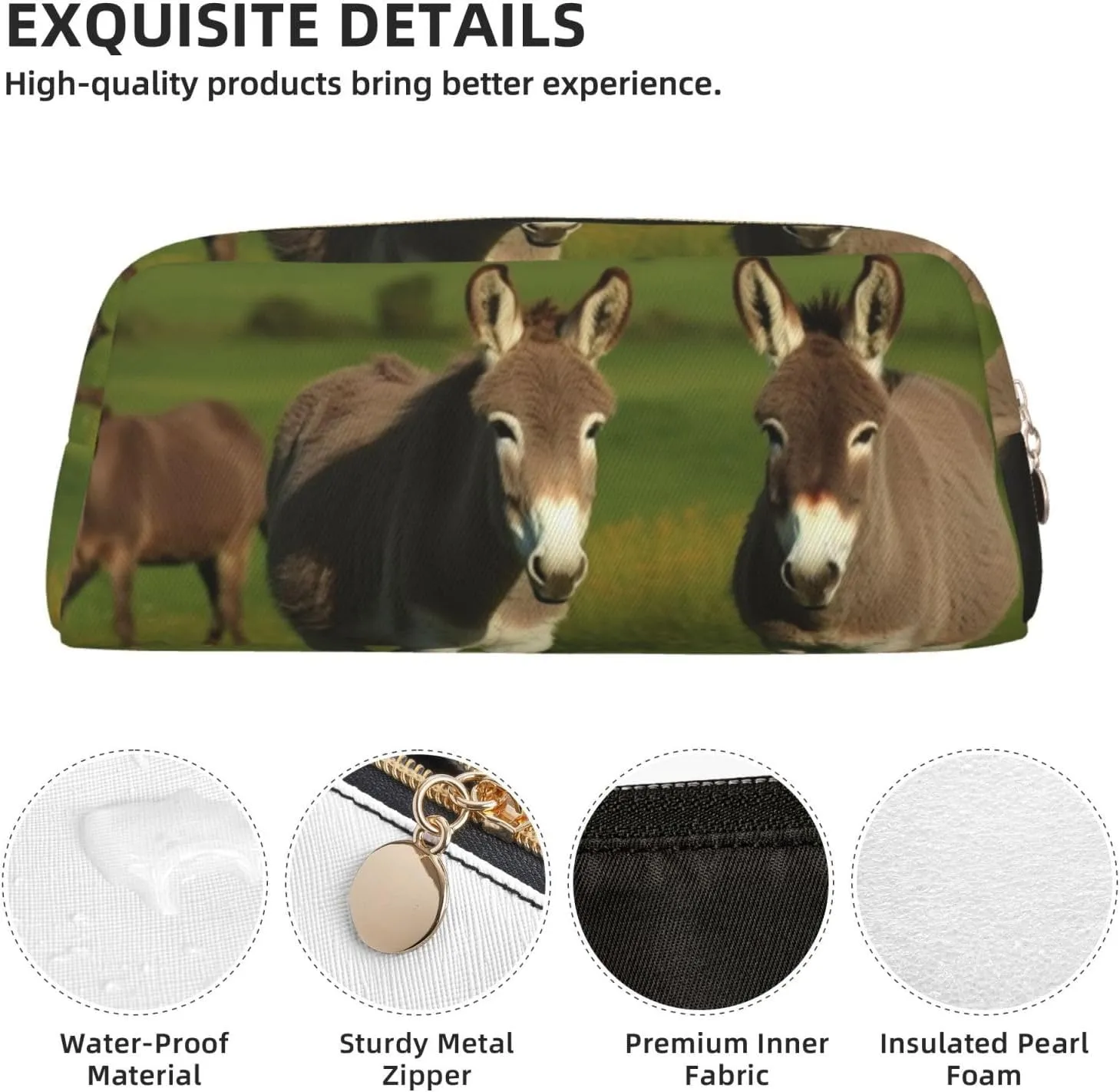 Donkey on green meadow Pencil Case Large Capacity Pencil Pouch Aesthetic Pen Bag Leather Makeup Bag for Women Men Travel Toiletry Bags Zipper Cosmetic Bag Wide-open Coin Pouch Purse