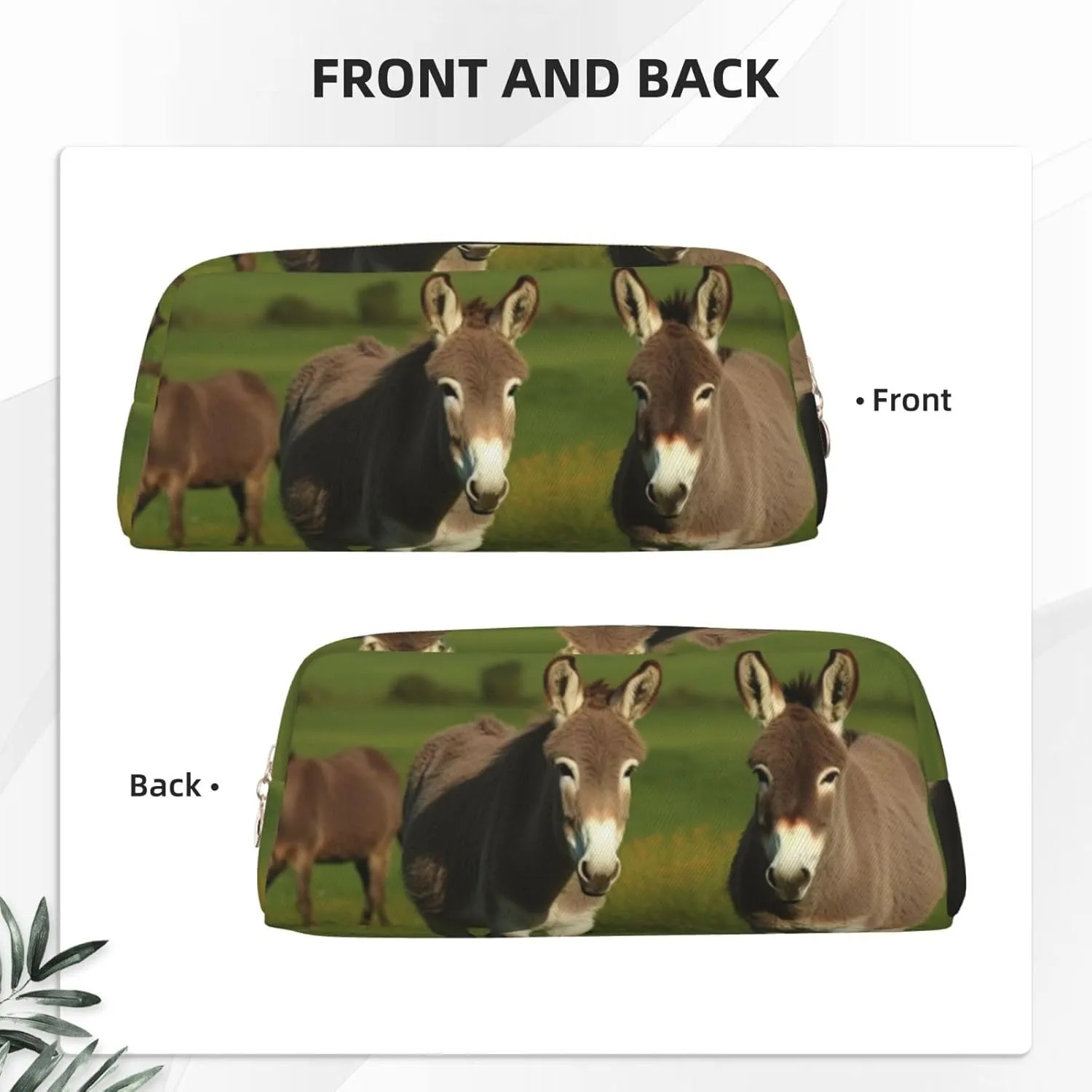 Donkey on green meadow Pencil Case Large Capacity Pencil Pouch Aesthetic Pen Bag Leather Makeup Bag for Women Men Travel Toiletry Bags Zipper Cosmetic Bag Wide-open Coin Pouch Purse