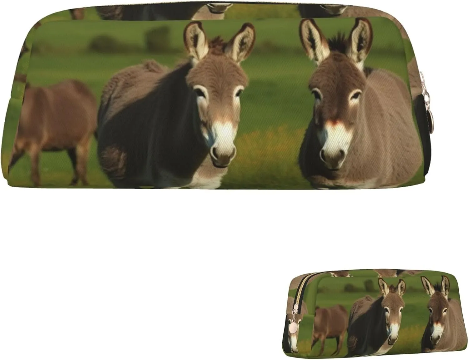 Donkey on green meadow Pencil Case Large Capacity Pencil Pouch Aesthetic Pen Bag Leather Makeup Bag for Women Men Travel Toiletry Bags Zipper Cosmetic Bag Wide-open Coin Pouch Purse