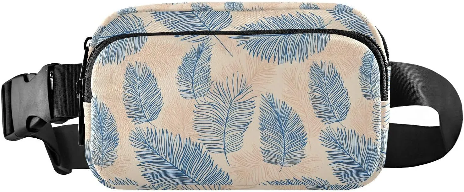 Fanny Pack Belt Bag for Women Blue Palm Leaves Lines Pattern Fashion Crossbody Bag Waist Pack Sling Backpack with Adjustable Strap