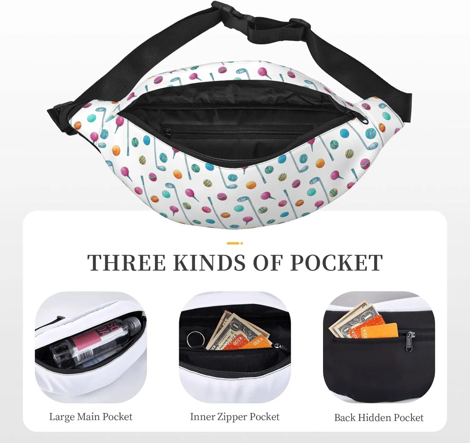 Fanny Pack for Women Men,Sports Golf Ball Pattern Large Crossbody Waist Pack Belt Bag for Workout Hiking Running Travel, Onesize