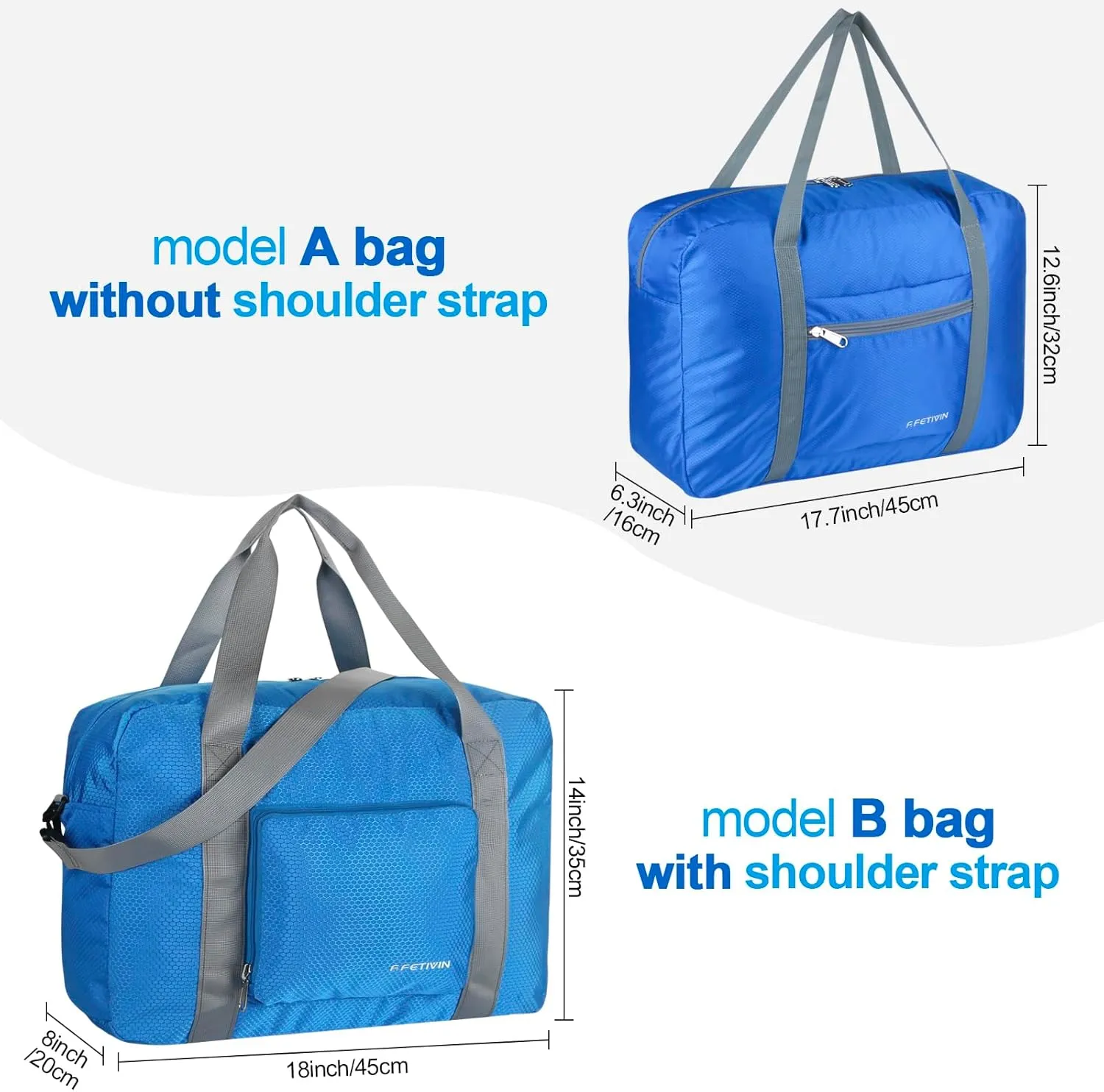 F.FETIVIN Personal item travel bag 17.7x12.6x6.3 for Spirit Airlines Lightweight carry on duffle bag waterproof for Gym,Sports,Vacation(Blue)