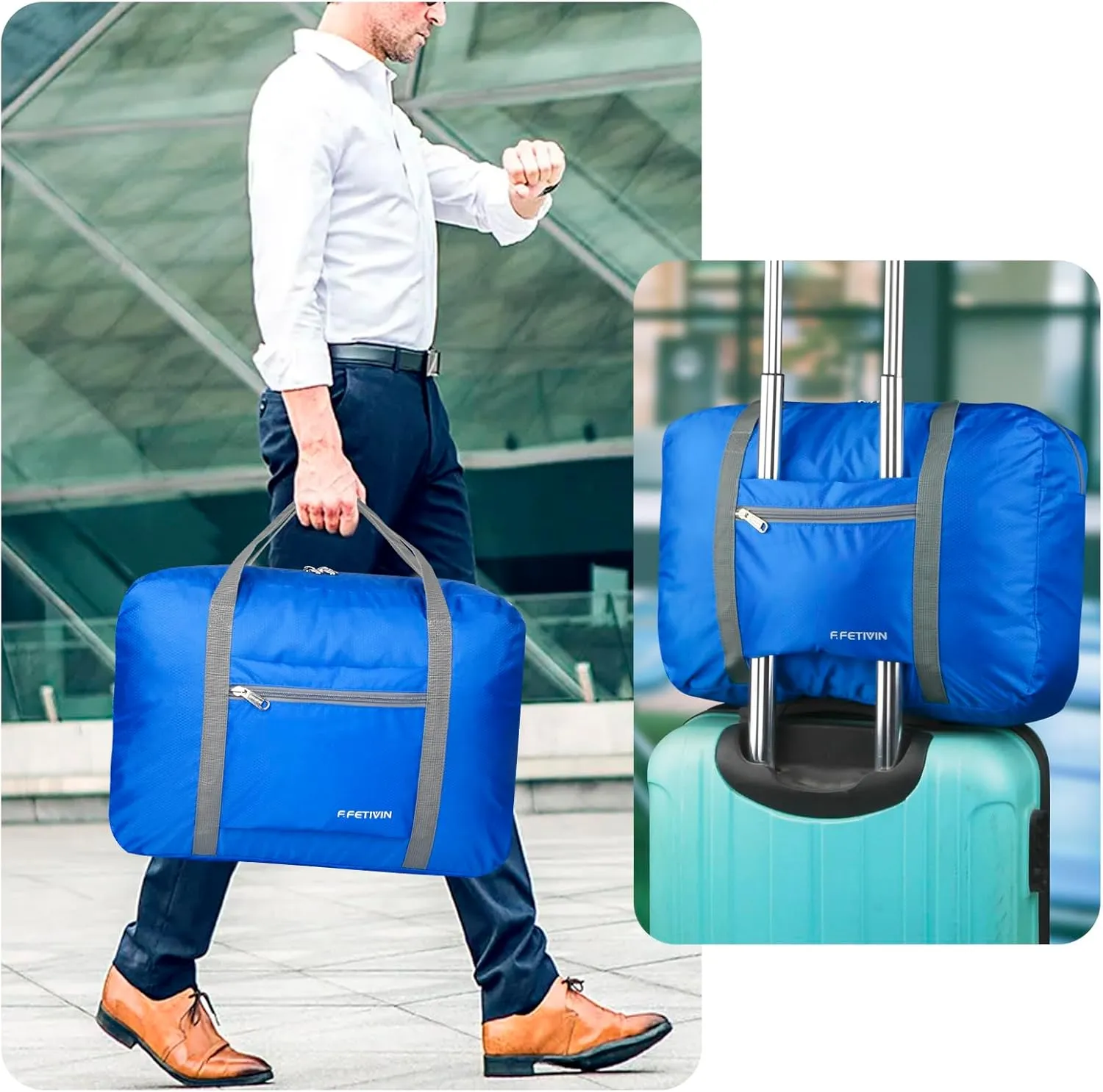 F.FETIVIN Personal item travel bag 17.7x12.6x6.3 for Spirit Airlines Lightweight carry on duffle bag waterproof for Gym,Sports,Vacation(Blue)