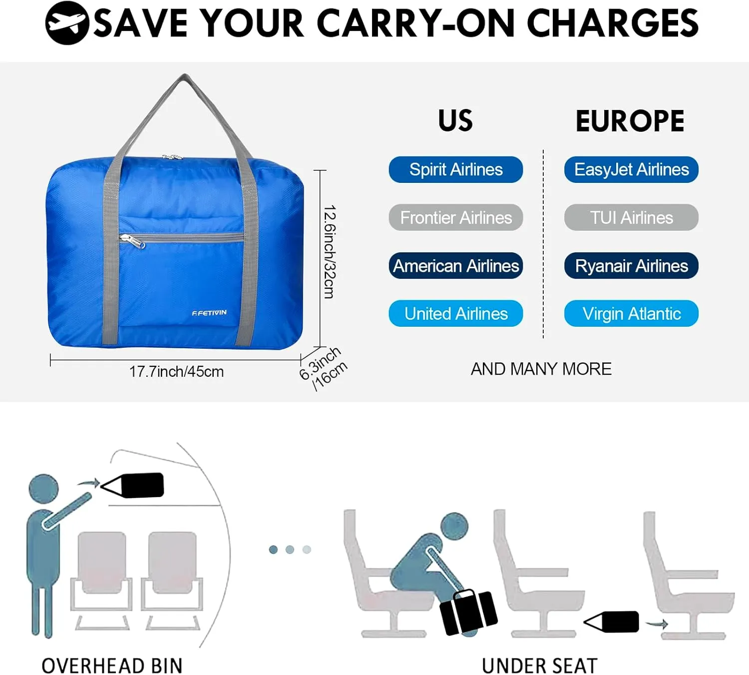 F.FETIVIN Personal item travel bag 17.7x12.6x6.3 for Spirit Airlines Lightweight carry on duffle bag waterproof for Gym,Sports,Vacation(Blue)